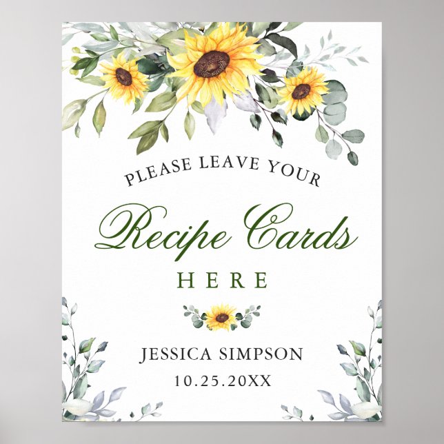 Sunflowers Eucalyptus Recipe Cards Bridal Shower Poster (Front)