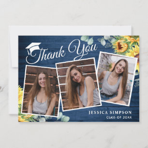 Sunflowers Eucalyptus Rustic 3 PHOTO Graduation  T Thank You Card