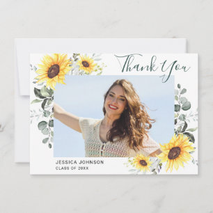 Sunflowers Eucalyptus Rustic 3 PHOTO Graduation Thank You Card