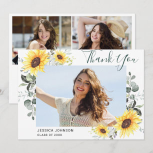 Sunflowers Eucalyptus Rustic 3 PHOTO Graduation Thank You Card