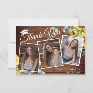 Sunflowers Eucalyptus Rustic 3 PHOTO Graduation  Thank You Card