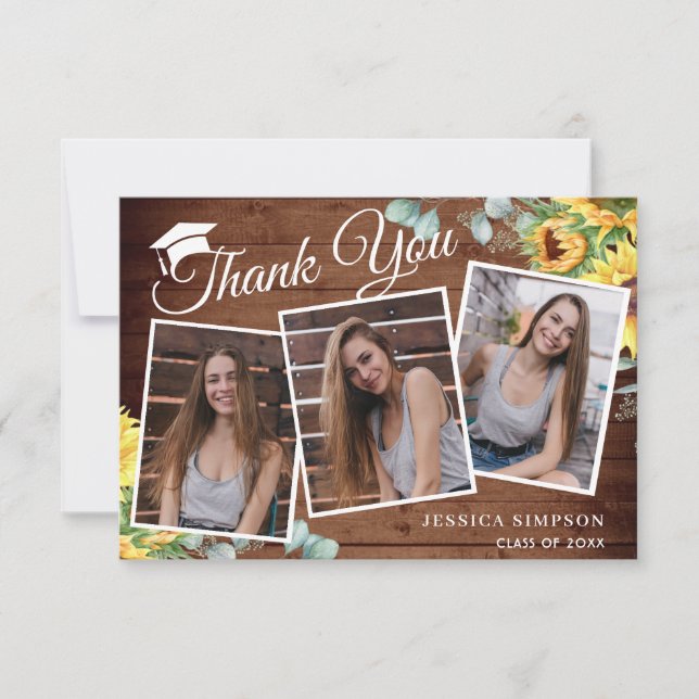 Sunflowers Eucalyptus Rustic 3 PHOTO Graduation  Thank You Card (Front)