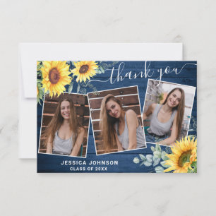 Sunflowers Eucalyptus Rustic 3 PHOTO Graduation Thank You Card