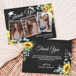 Sunflowers Eucalyptus Rustic 3 PHOTO Graduation  Thank You Card