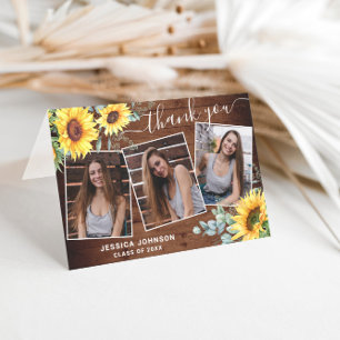 Sunflowers Eucalyptus Rustic 3 PHOTO Graduation Thank You Card