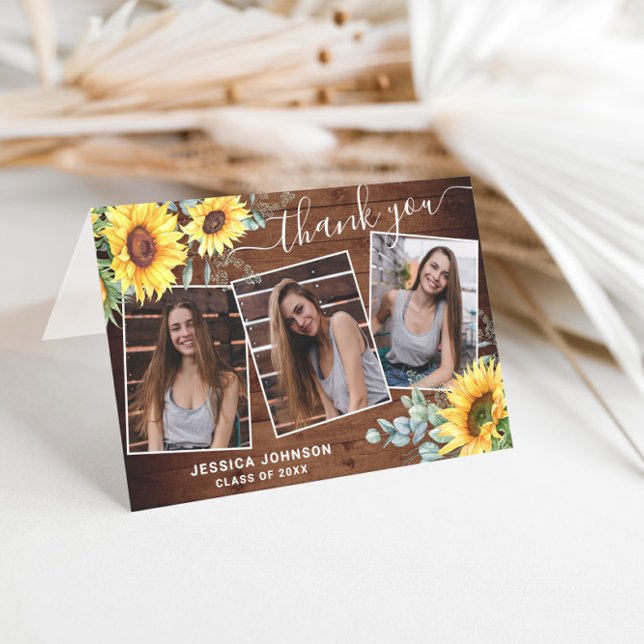 Sunflowers Eucalyptus Rustic 3 PHOTO Graduation Thank You Card (Creator Uploaded)