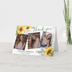 Sunflowers Eucalyptus Rustic 3 PHOTO Graduation Thank You Card