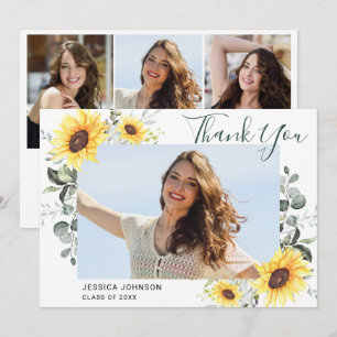 Sunflowers Eucalyptus Rustic 4 PHOTO Graduation Thank You Card