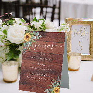 Sunflowers eucalyptus rustic brown wood bar menu
