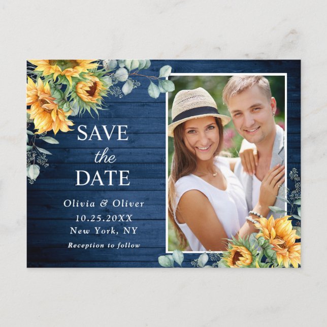 Sunflowers Eucalyptus Rustic Wedding Save The Date Postcard (Front)