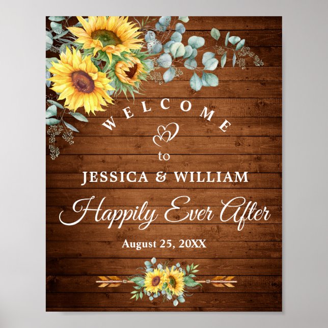 Sunflowers Eucalyptus Rustic Wedding Welcome Sign (Front)