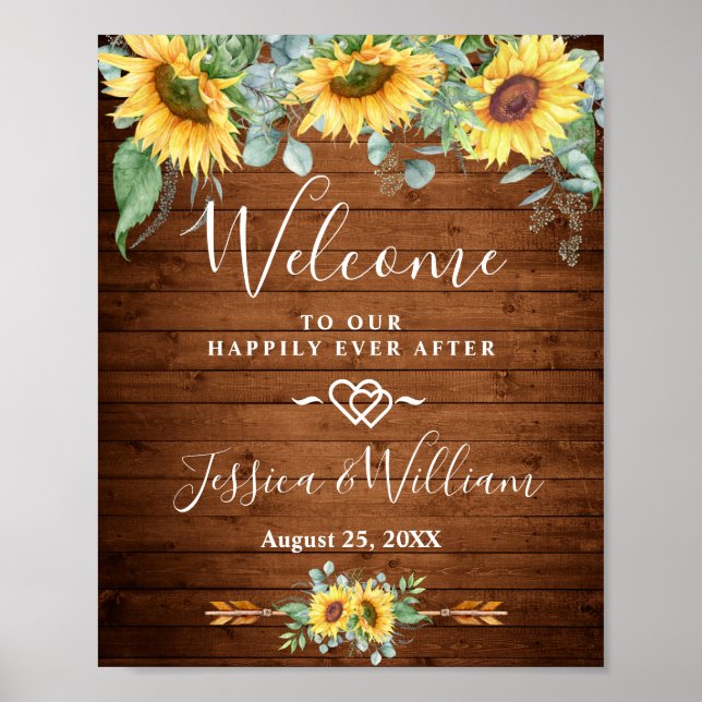 Sunflowers Eucalyptus Rustic Wedding Welcome Sign (Front)