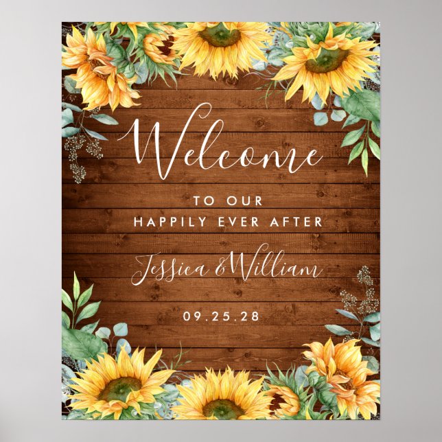 Sunflowers Eucalyptus Rustic Wedding Welcome Sign (Front)