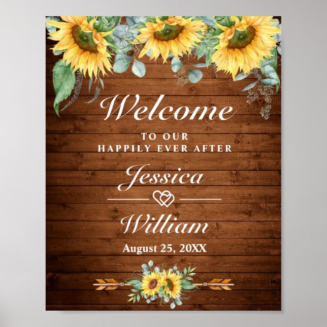 Sunflowers Eucalyptus Rustic Wedding Welcome Sign (Front)