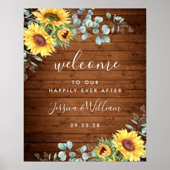 Sunflowers Eucalyptus Rustic Wedding Welcome Sign (Front)