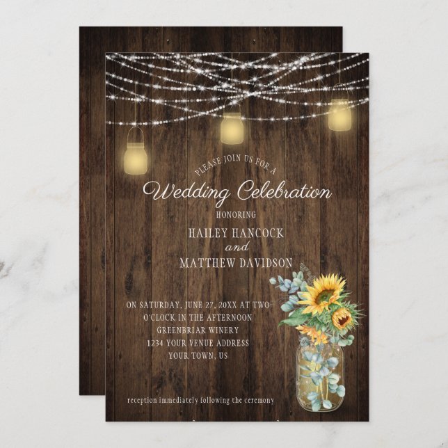 Sunflowers Eucalyptus String Lights Mason Jars Invitation (Front/Back)