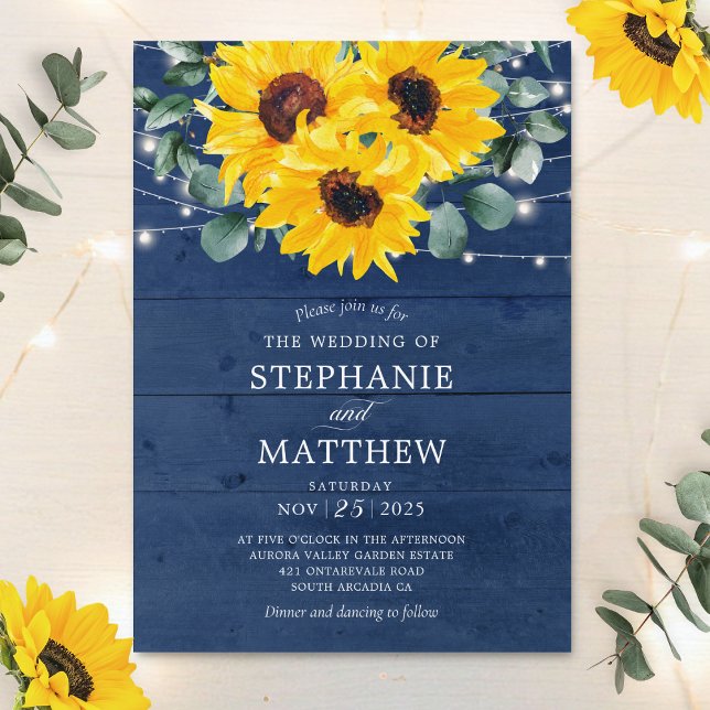 Sunflowers Eucalyptus String Lights Navy Wedding Invitation (Creator Uploaded)