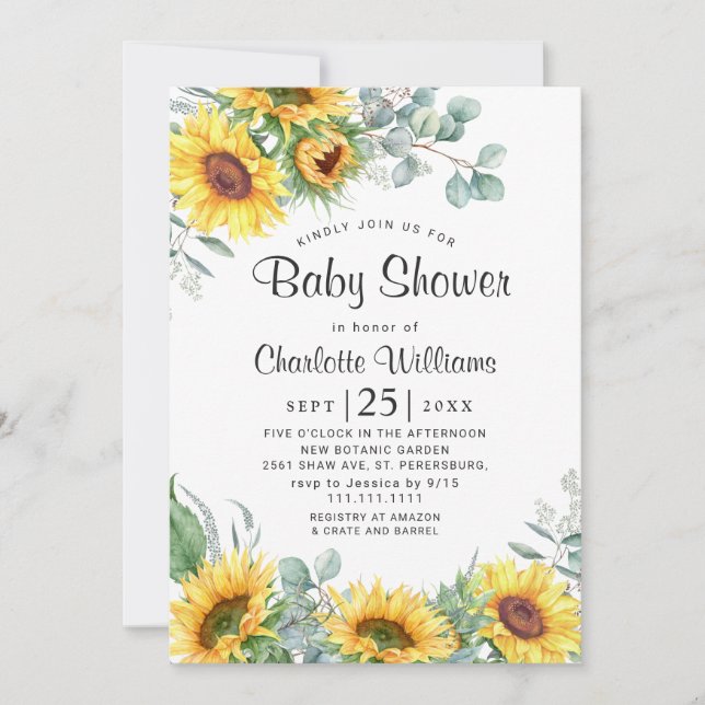 Sunflowers Eucalyptus Watercolor Baby Shower Invitation (Front)