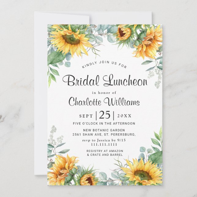 Sunflowers Eucalyptus Watercolor Bridal Luncheon Invitation (Front)
