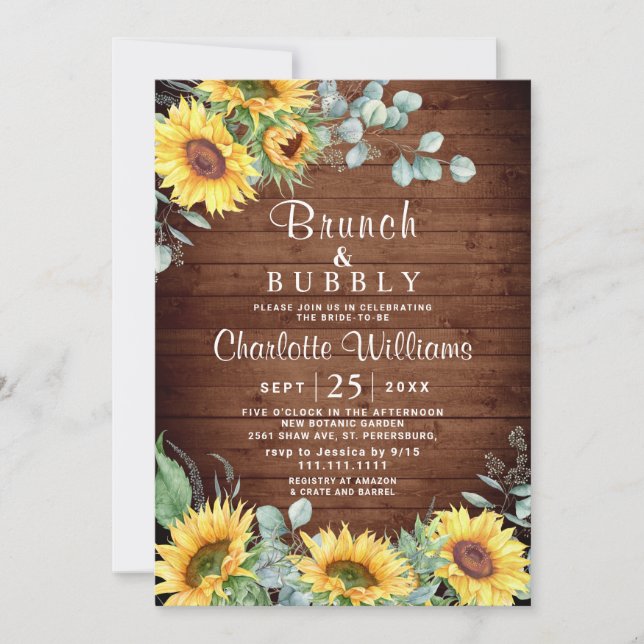 Sunflowers Eucalyptus Watercolor Brunch & Bubbly Invitation (Front)