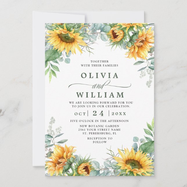Sunflowers Eucalyptus Watercolor Rustic Wedding Invitation (Front)