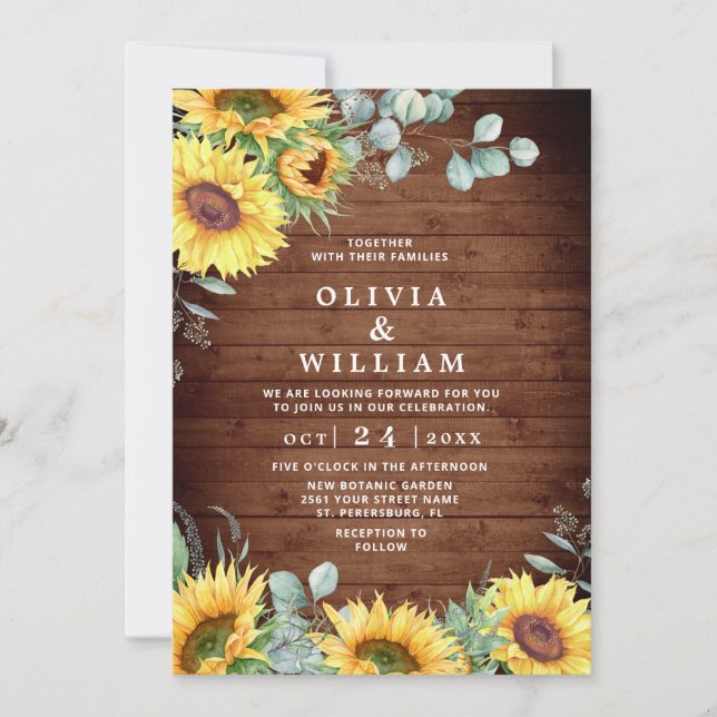 Sunflowers Eucalyptus Watercolor Rustic Wedding Invitation (Front)