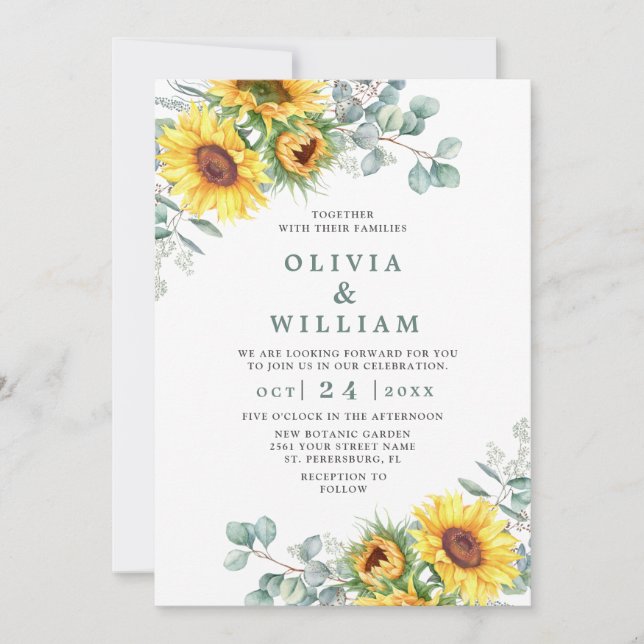 Sunflowers Eucalyptus Watercolor Rustic Wedding Invitation (Front)