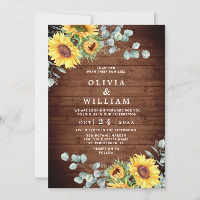 Sunflowers Eucalyptus Watercolor Rustic Wedding Invitation (Front)