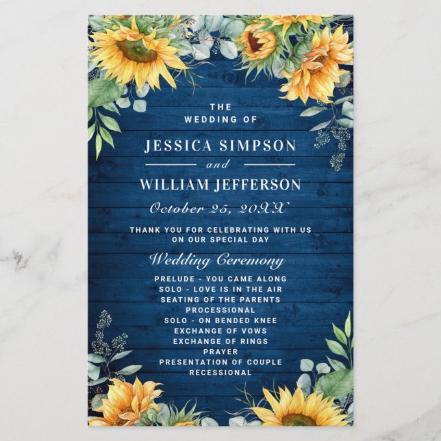 Sunflowers Eucalyptus Wedding Ceremony Program (Front)