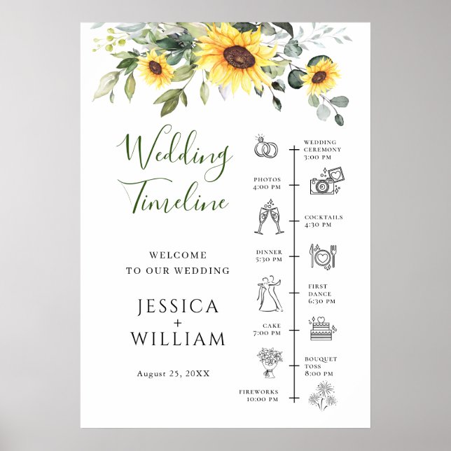 Sunflowers Eucalyptus Wedding Day Timeline Poster (Front)