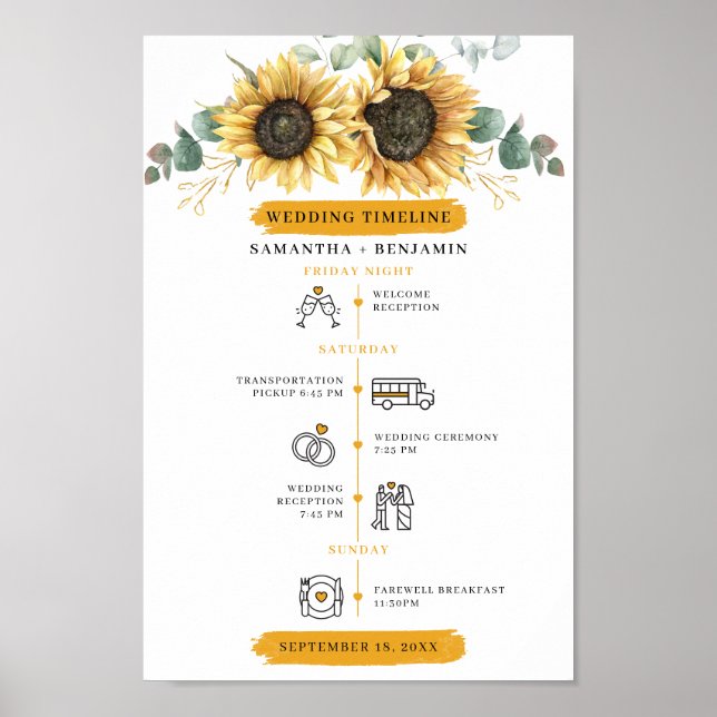 Sunflowers Eucalyptus Wedding Day Timeline Program Poster (Front)