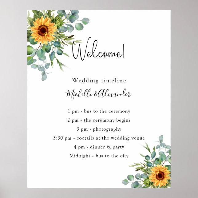 Sunflowers eucalyptus wedding program details poster (Front)