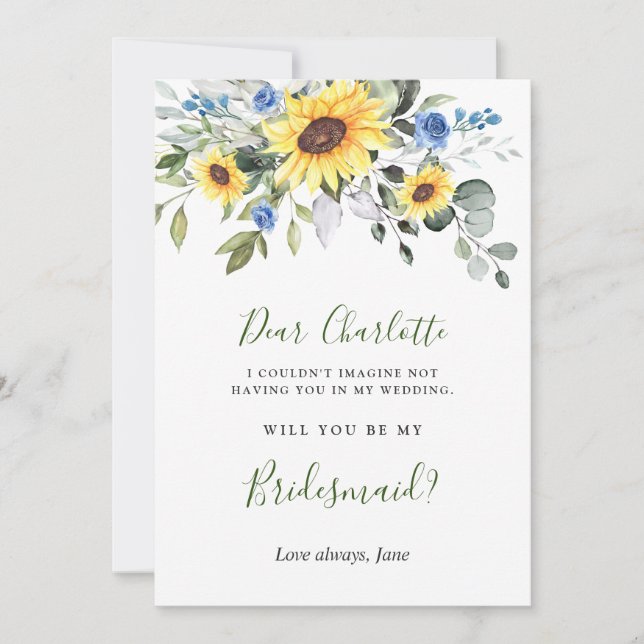 Sunflowers Eucalyptus Will You Be My Bridesmaid Invitation (Front)