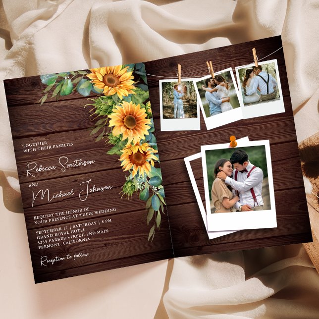 Sunflowers Eucalyptus Wood QR Code Wedding Invitation (Creator Uploaded)