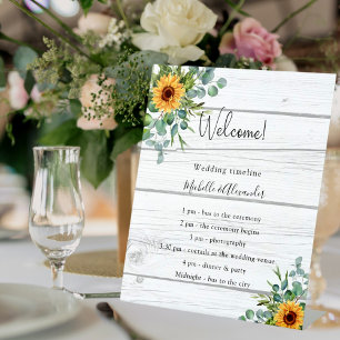 Sunflowers eucalyptus wood wedding program details pedestal sign