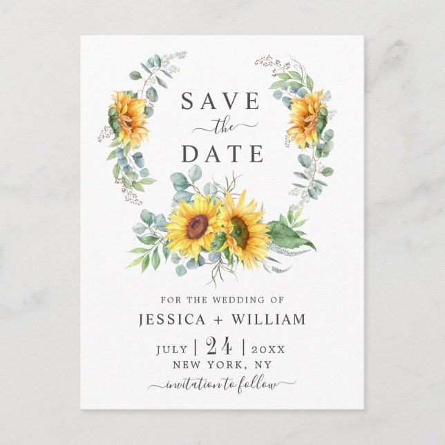 Sunflowers Eucalyptus Wreath Wedding Save the Date Postcard (Front)