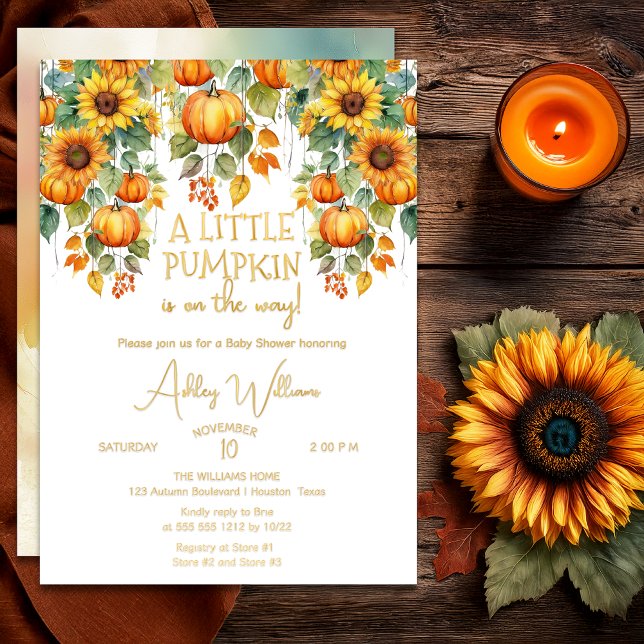 Sunflowers Fall A Little Pumpkin Baby Shower (Sunflowers Fall | Autumn "A Little Pumpkin Is On The Way!" Baby Shower Gold Foil Invitation)