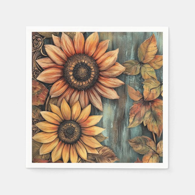 Sunflowers Fall Autumn Leaves Mixed Media Napkin (Front)
