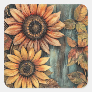 Sunflowers Fall Autumn Leaves Mixed Media Square Sticker
