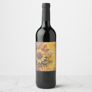 Sunflowers Fall Autumn Leaves Mixed Media Wine Label