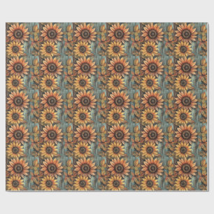 Sunflowers Fall Autumn Leaves Mixed Media Wrapping Paper