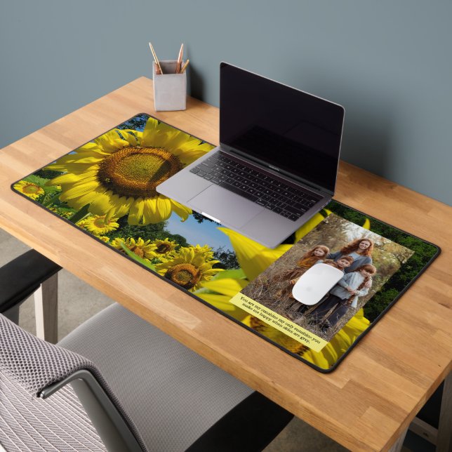 Sunflowers Family Photo Personalised Text Work Desk Mat (Office 2)