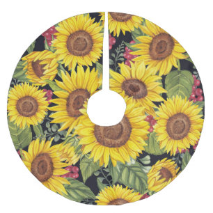 Sunflowers field: watercolor black background brushed polyester tree skirt