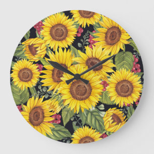 Sunflowers field: watercolor black background large clock