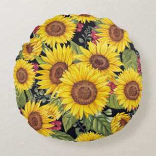 Sunflowers field: watercolor black background round cushion