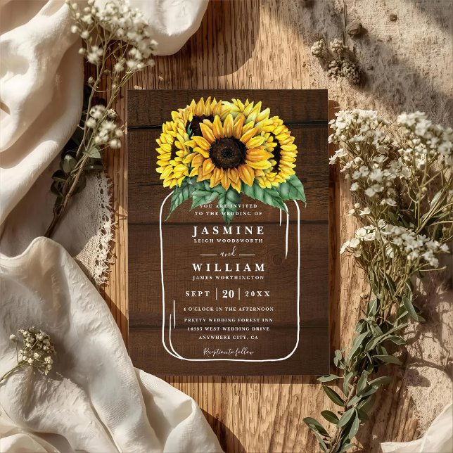 Sunflowers Filled Jar Rustic Wood QR Code Wedding Invitation (Creator Uploaded)