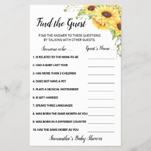 Sunflowers Find the Guest Baby Shower Game Card