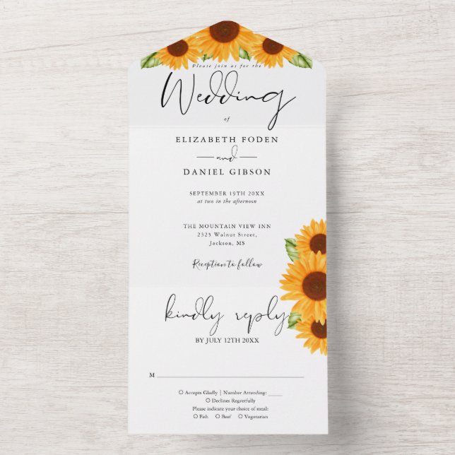 Sunflowers Floral Elegant Script Wedding All In One Invitation (Inside)