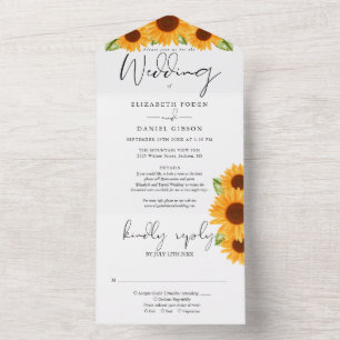 Sunflowers Floral Elegant Script Wedding All In One Invitation