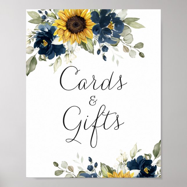 Sunflowers Floral Navy Blue Wedding Card Gift Sign (Front)